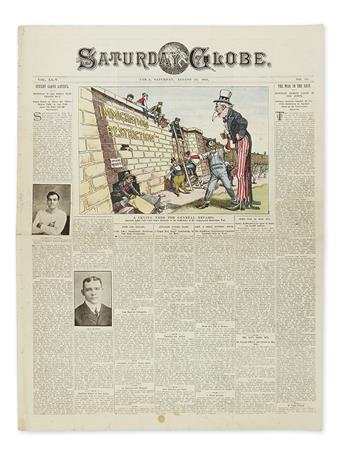 (NEWSPAPERS.) A pair of issues of the Saturday Globe with color cartoons on the immigration issue.